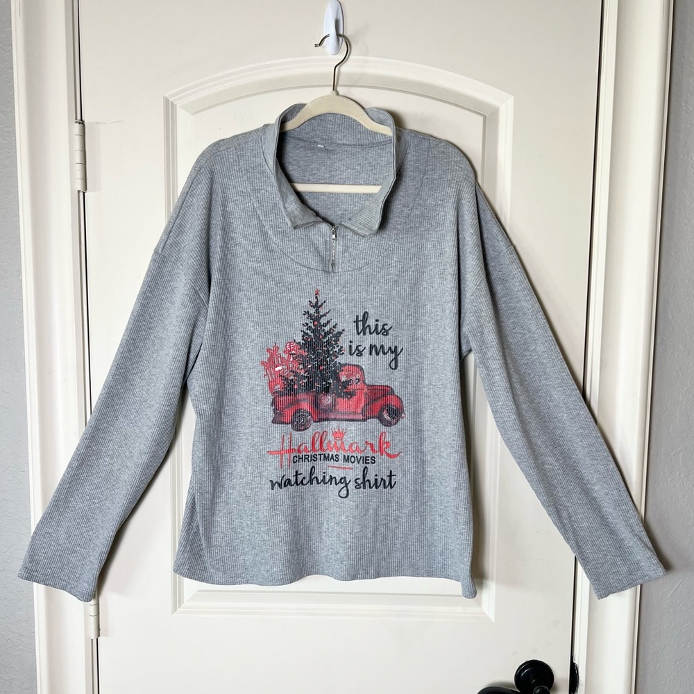 Hallmark Christmas Movies Watching 1/4 Zip Ribbed Pullover Top 2XL